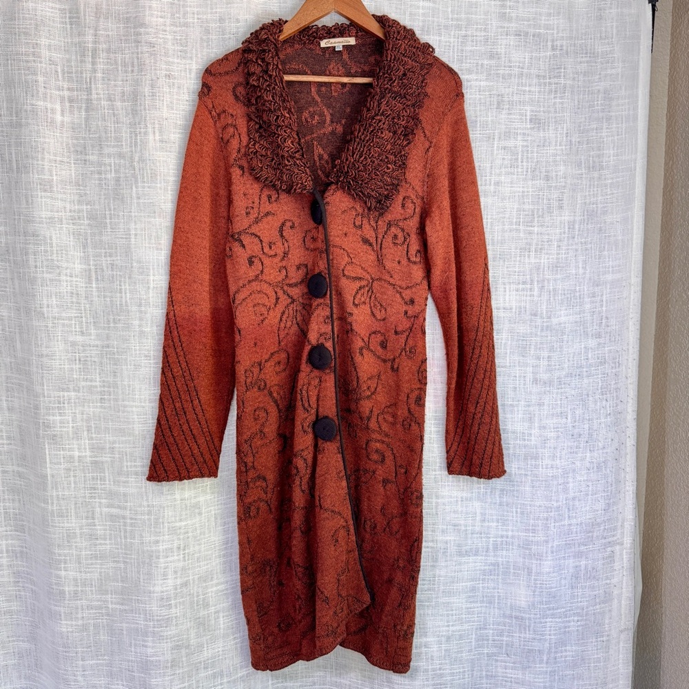 Caamano 100% Peruvian Alpaca Long Sweater Jacket Brown Floral Ombré Size XL